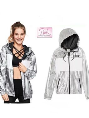 NWT Sz M/L Victoria's Secret Pink Full Zip Hoodie Anorak Jacket Silver White New